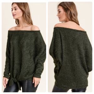 004-HOST Pick💕Off The Shoulder Front Tie Olive Green Sweater